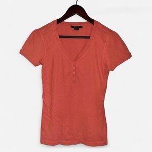 Style & Co. Orange Coral Heathered V-Neck Henley Button Short Sleeve Shirt Y2K